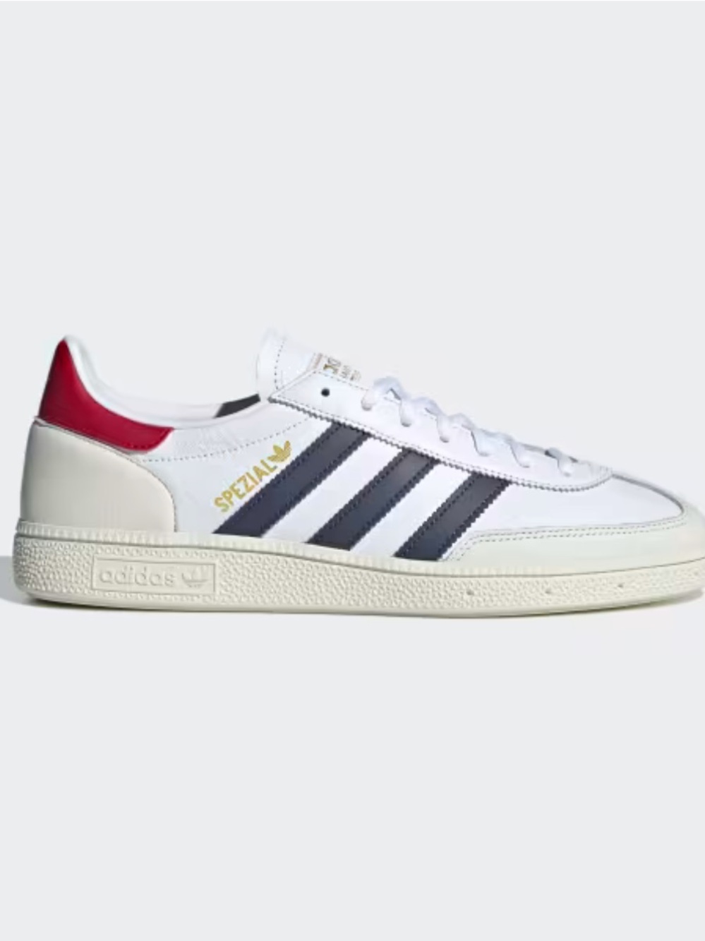 adidas White Sneakers with Navy Stripes and Red Heel